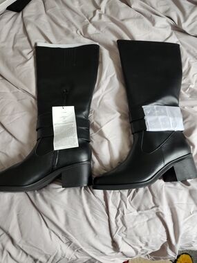 Women's Black Mid-Calf Heeled Boots with Strap Detail